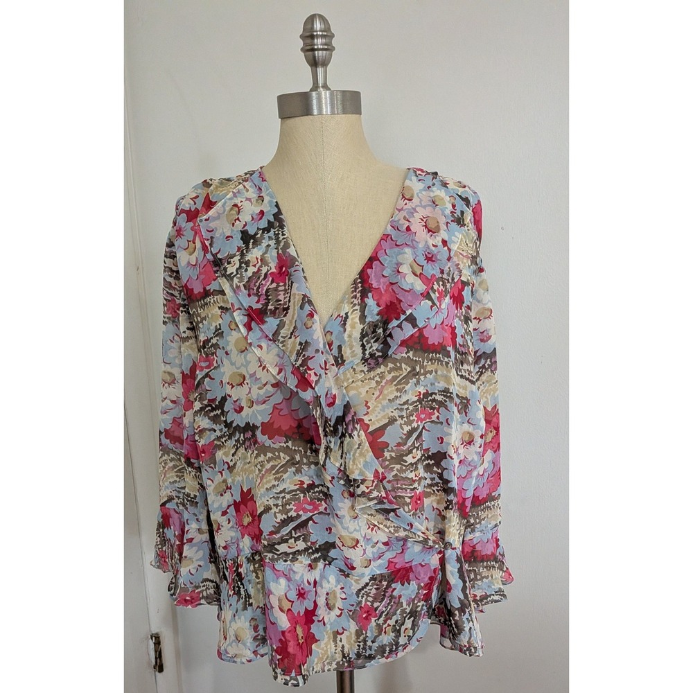 Jones New York Woman 20W 100% Silk Watercolor Floral Ruffle Wrap Blouse Romantic